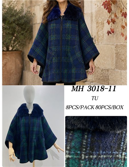 Poncho cuadros azul verde cuello pelo