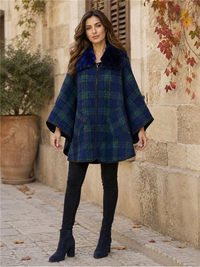 Poncho cuadros azul verde cuello pelo