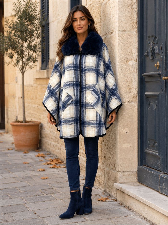 Poncho cuadros azul crema cuello pelo