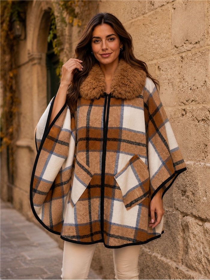 Poncho cuadros camel cuello pelo