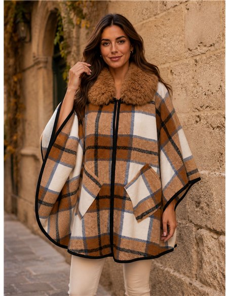 Poncho cuadros camel cuello pelo