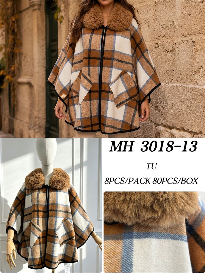 Poncho cuadros camel cuello pelo