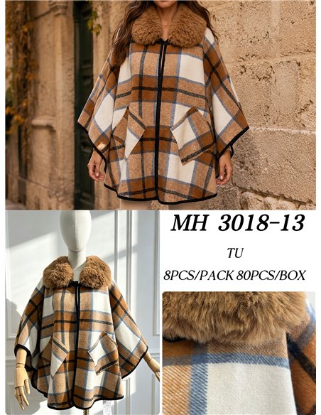 Poncho cuadros camel cuello pelo
