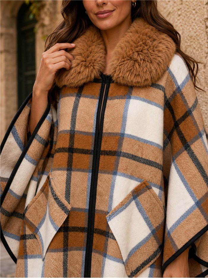 Poncho cuadros camel cuello pelo