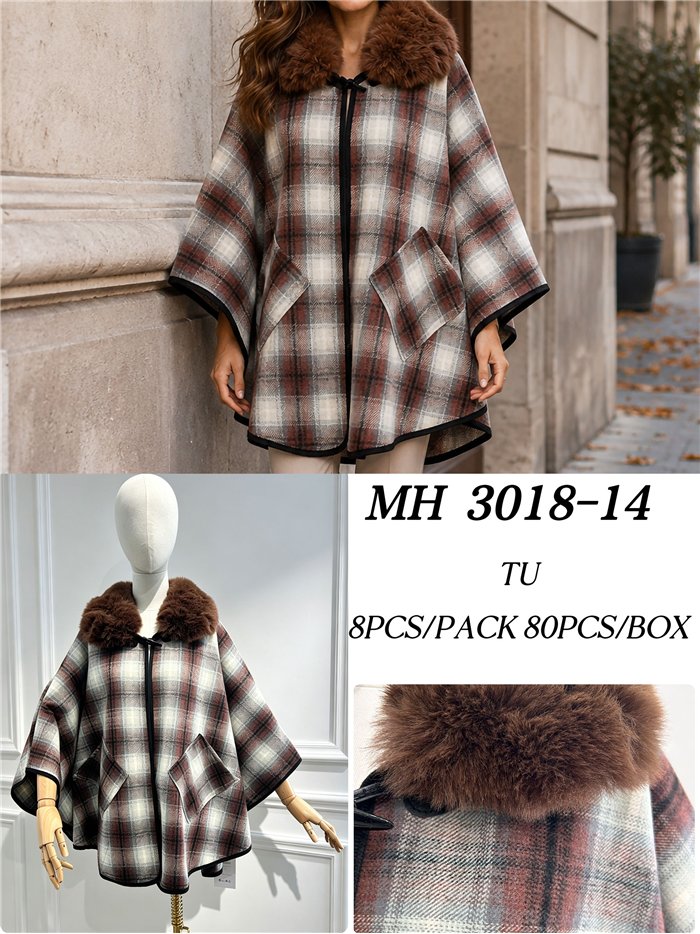 Poncho cuadros granate cuello pelo