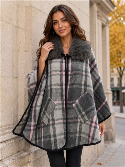 Poncho cuadros gris rosa cuello pelo