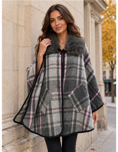 Poncho cuadros gris rosa cuello pelo