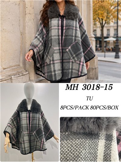 Poncho cuadros gris rosa cuello pelo 2