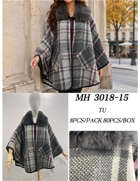 Poncho cuadros gris rosa cuello pelo