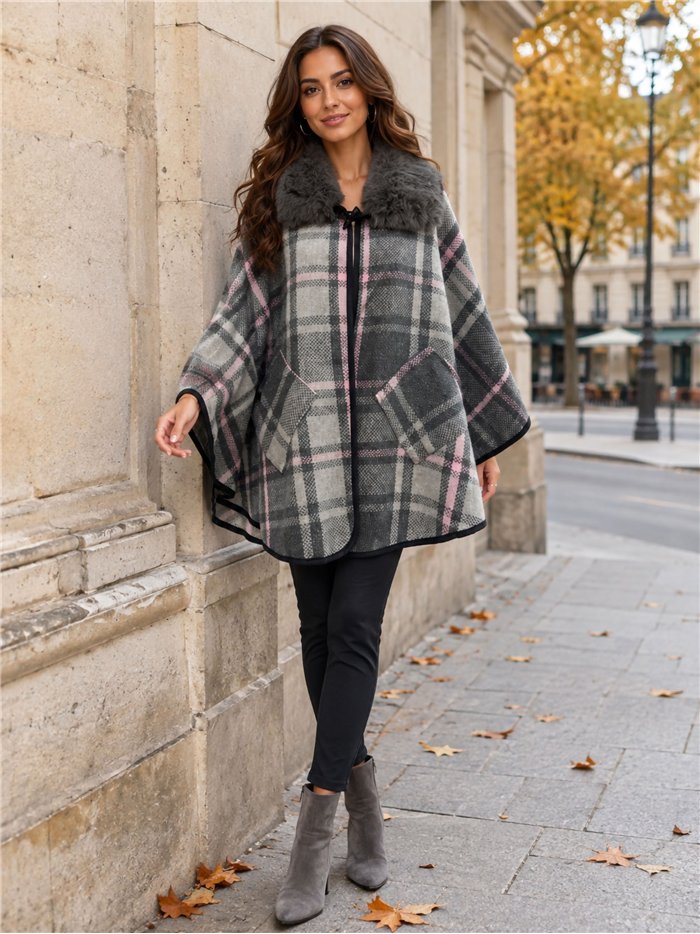Poncho cuadros gris rosa cuello pelo