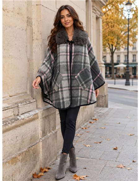 Poncho cuadros gris rosa cuello pelo