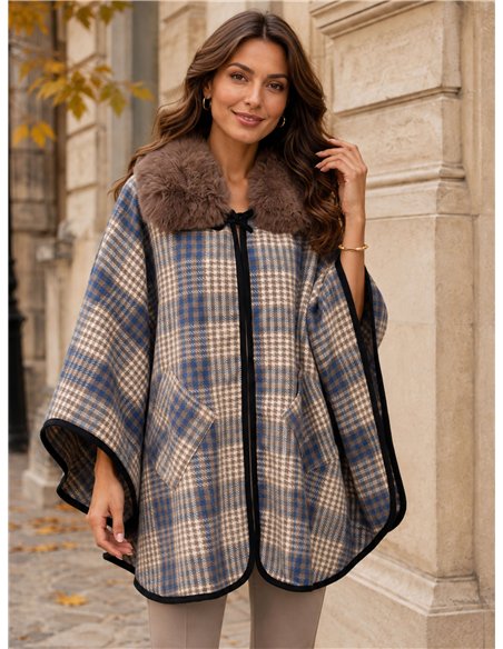 Poncho cuadros beige azul cuello pelo