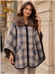 Poncho cuadros beige azul cuello pelo