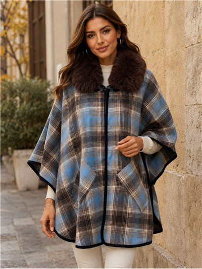 Poncho cuadros azul marrón cuello pelo