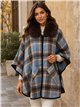 Poncho cuadros azul marrón cuello pelo