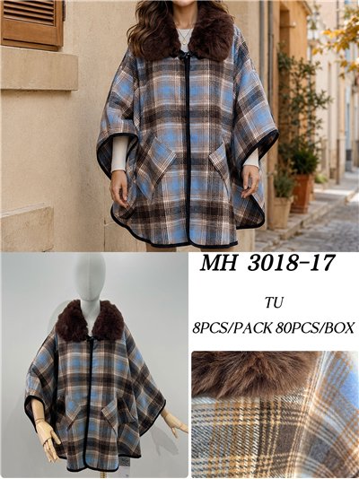Poncho cuadros azul marrón cuello pelo 2
