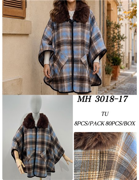 Poncho cuadros azul marrón cuello pelo