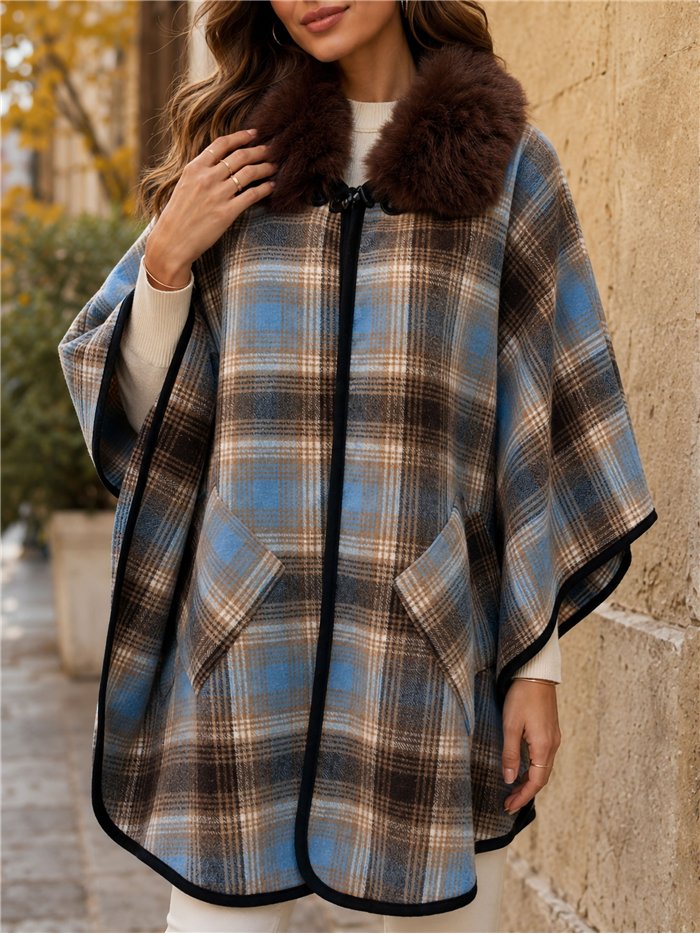 Poncho cuadros azul marrón cuello pelo