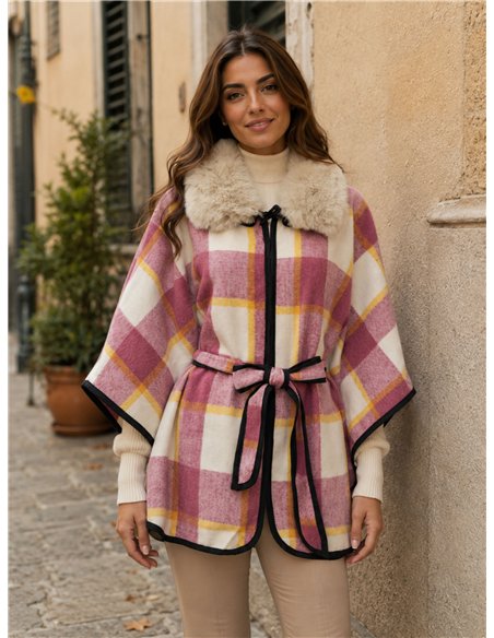 Poncho cuadros rosa cinturón