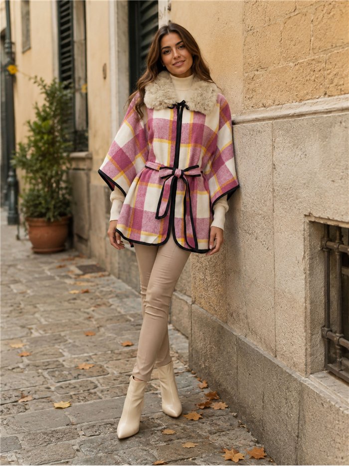 Poncho cuadros rosa cinturón