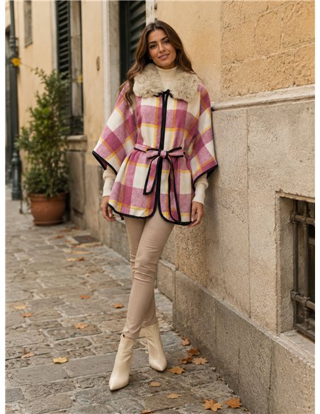 Poncho cuadros rosa cinturón