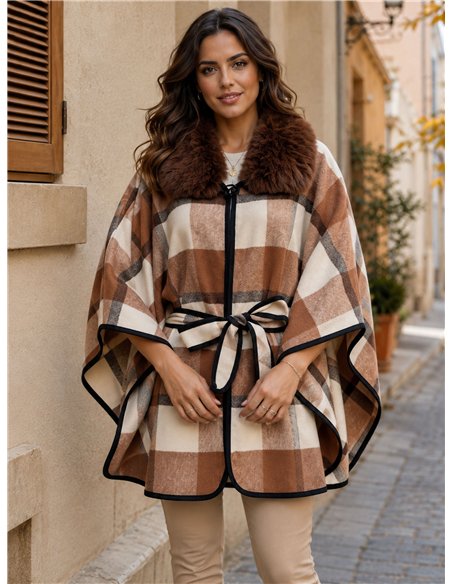 Poncho cuadros camel cinturón