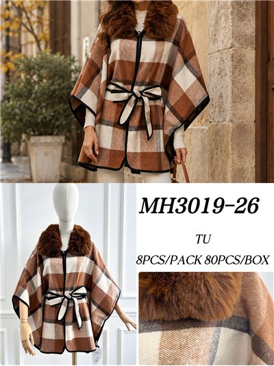 Poncho cuadros camel cinturón 2