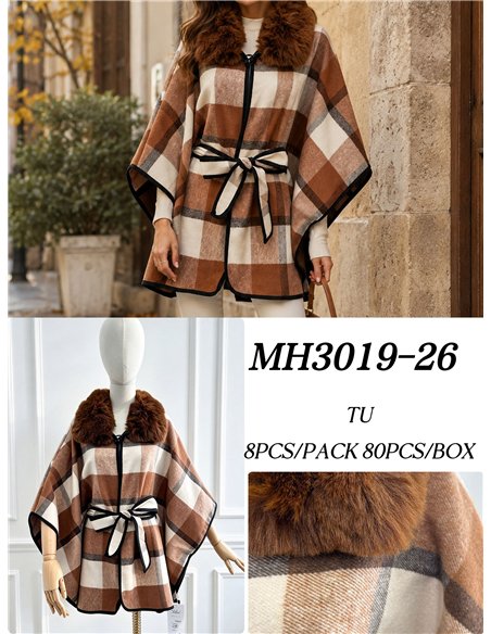 Poncho cuadros camel cinturón