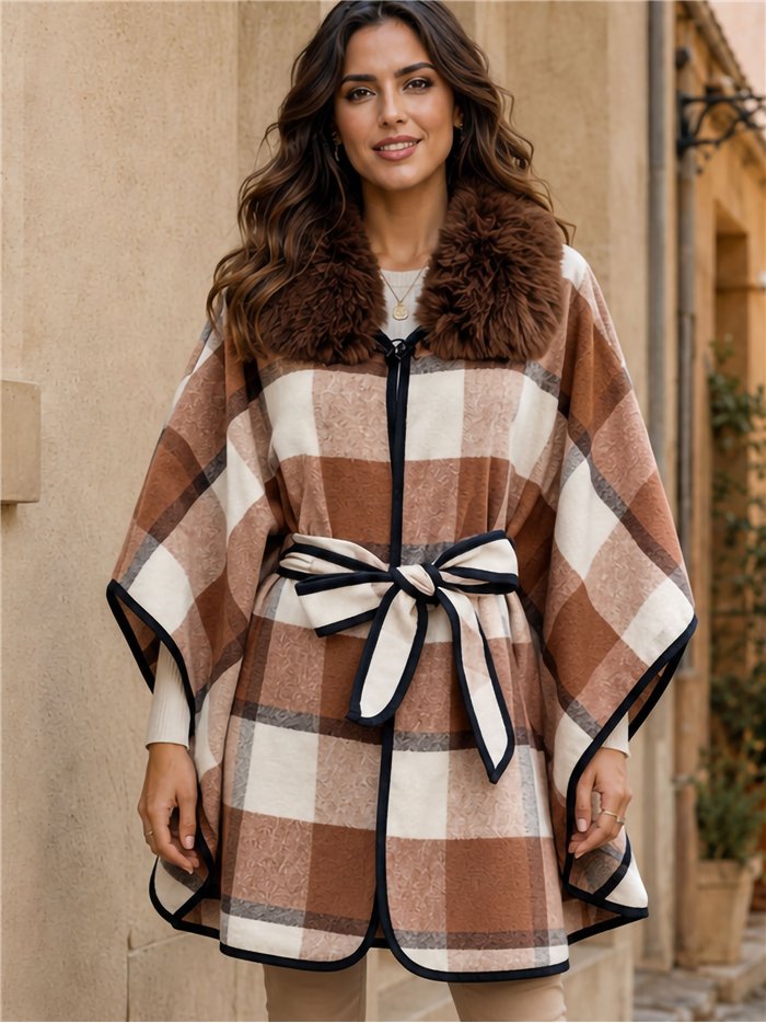 Poncho cuadros camel cinturón