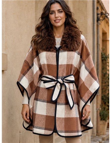 Poncho cuadros camel cinturón