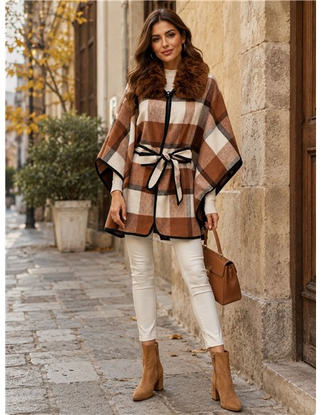 Poncho cuadros camel cinturón