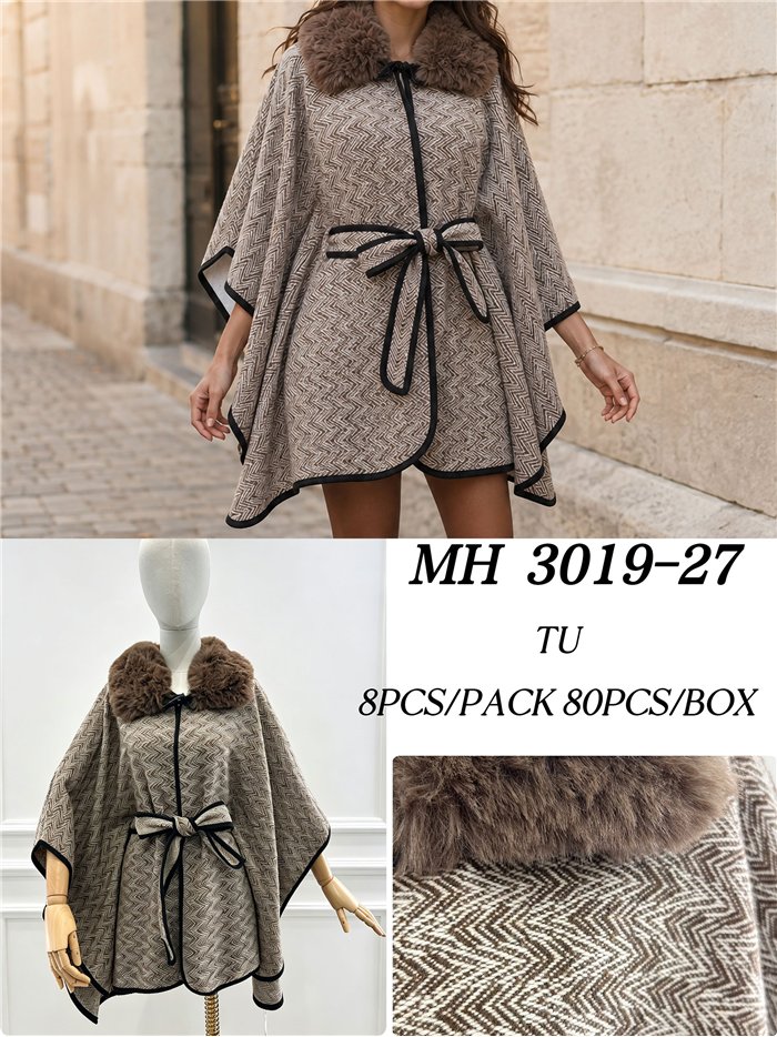 Poncho espiga marrón cinturón