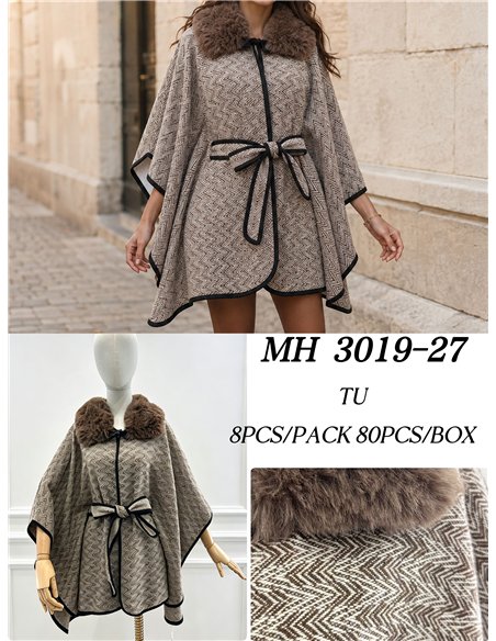 Poncho espiga marrón cinturón