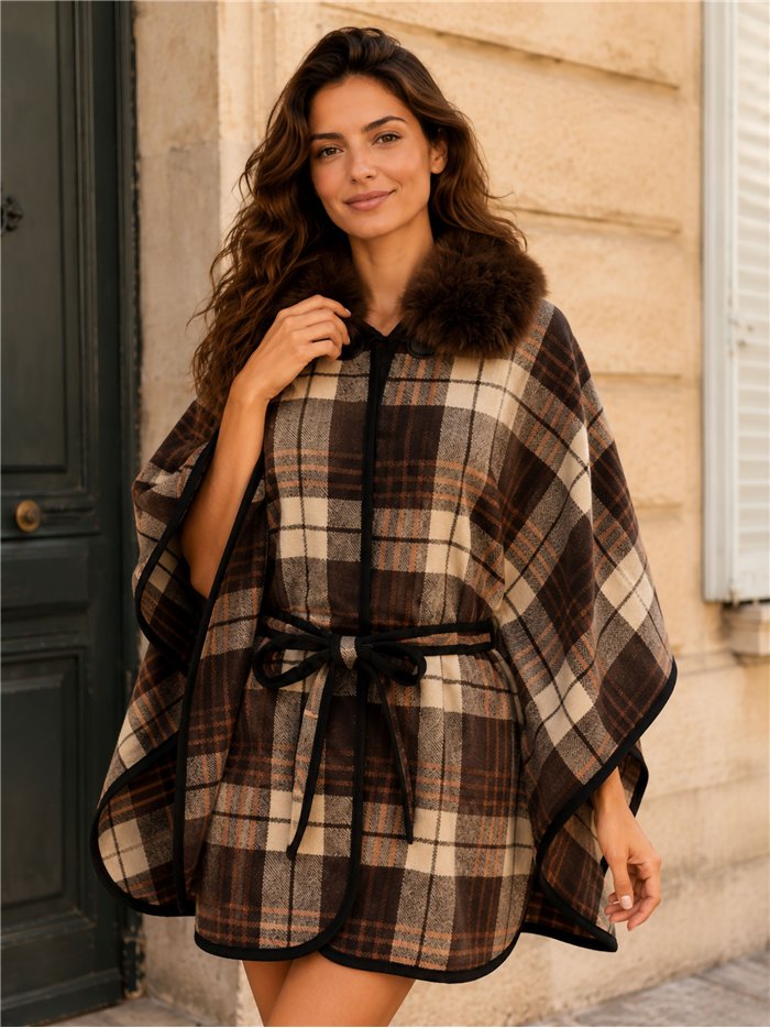 Poncho cuadros chocolate cinturón