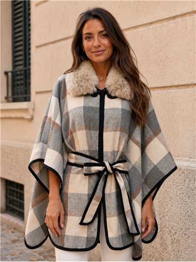Poncho cuadros gris crema cinturón