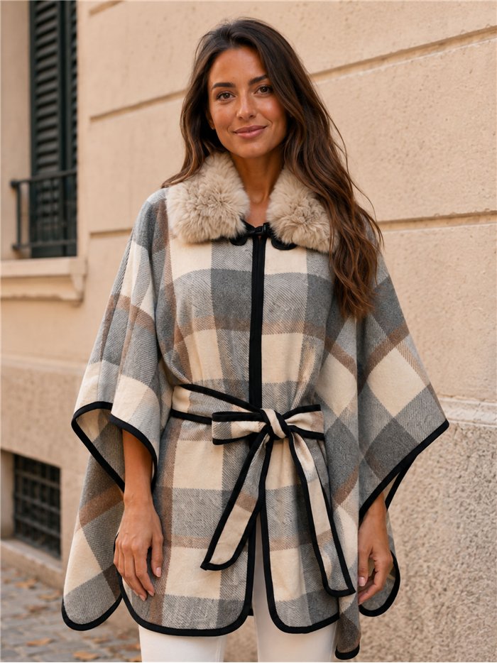 Poncho cuadros gris crema cinturón