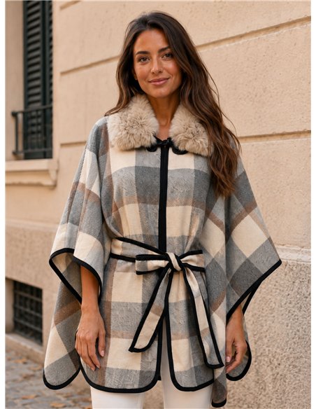 Poncho cuadros gris crema cinturón