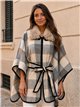 Poncho cuadros gris crema cinturón