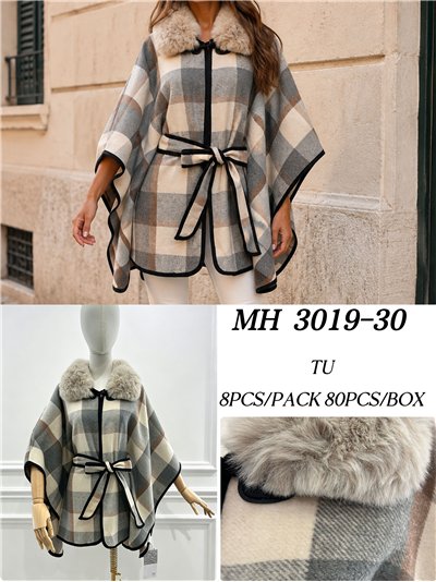 Poncho cuadros gris crema cinturón 2