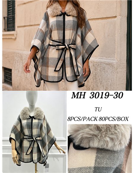 Poncho cuadros gris crema cinturón