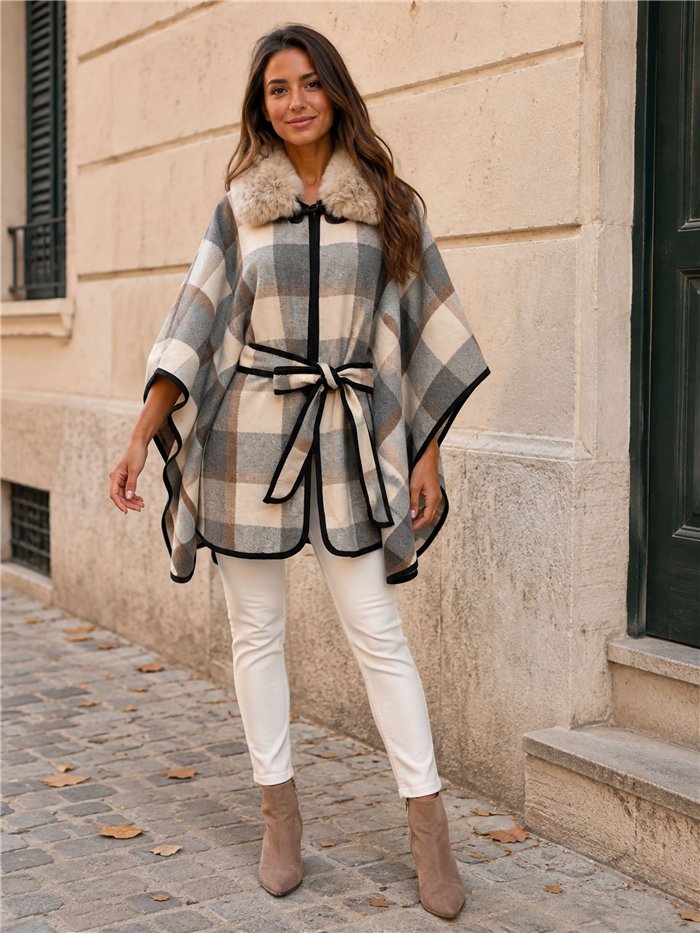 Poncho cuadros gris crema cinturón