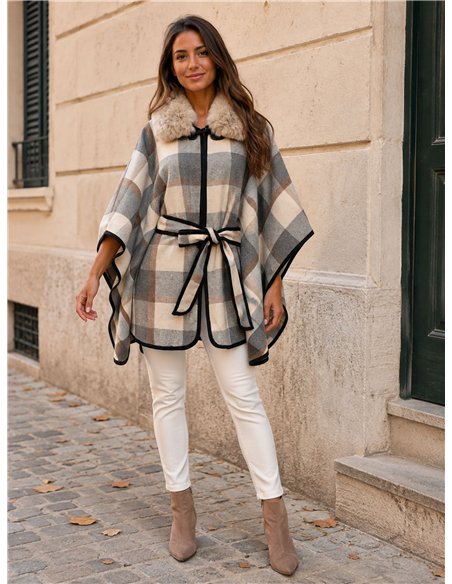 Poncho cuadros gris crema cinturón