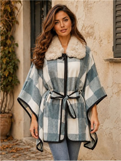 Poncho cuadros teal cinturón