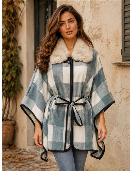 Poncho cuadros teal cinturón