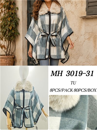Poncho cuadros teal cinturón 2