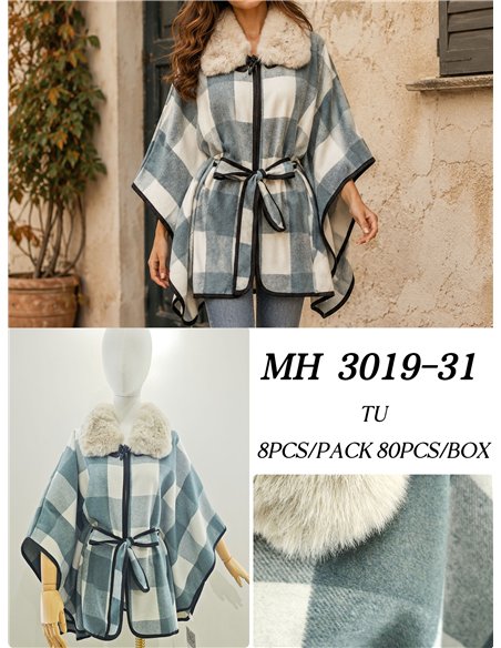 Poncho cuadros teal cinturón