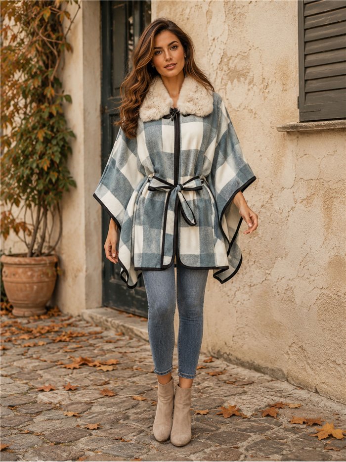 Poncho cuadros teal cinturón