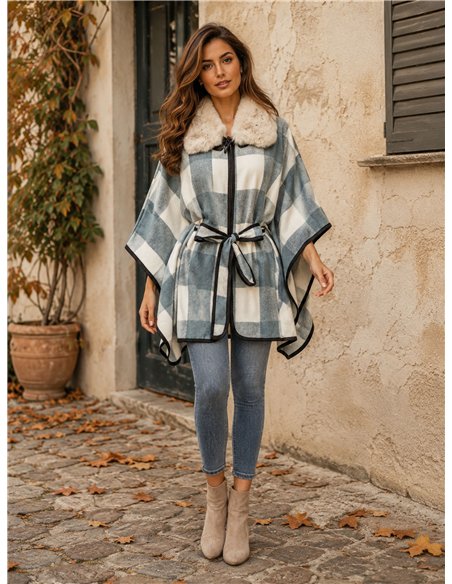 Poncho cuadros teal cinturón