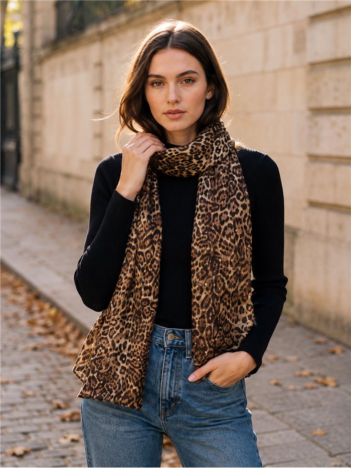 Lenço metálico com estampa de leopardo