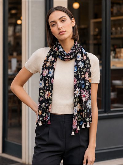 Fular floral con borlas